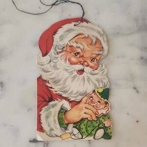V i n t a g e .... Jolly Santa with Elf Holiday Card / Orniment 1950's (Clean)